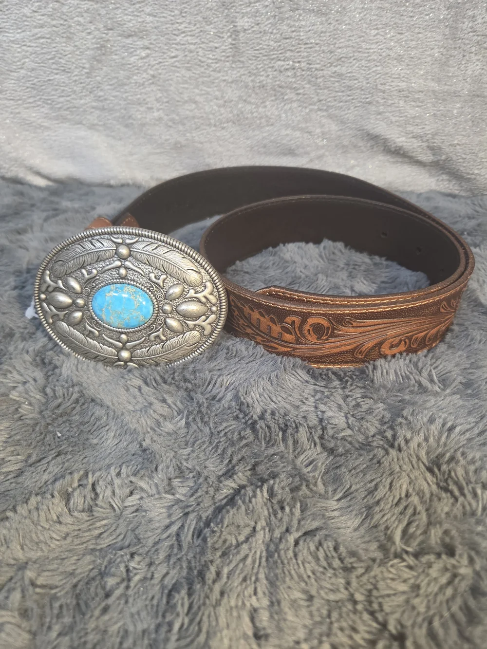 Idyllwind Brown Leather Belt with Turquoise Stone Silver-Tone Buckle